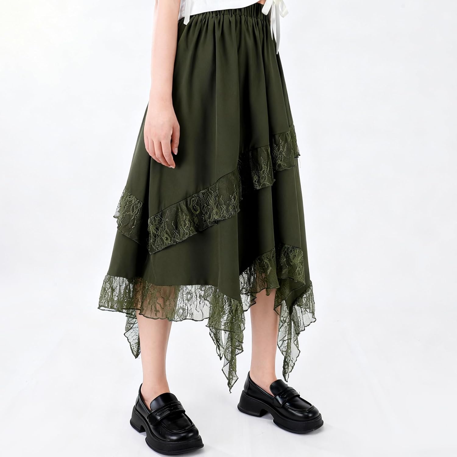 JATEBI Renaissance Pirate Skirt for Women Y2k Lace Tiered Asymmetrical Midi Skirts with Y2K Glasses Punk Belt - Image 5