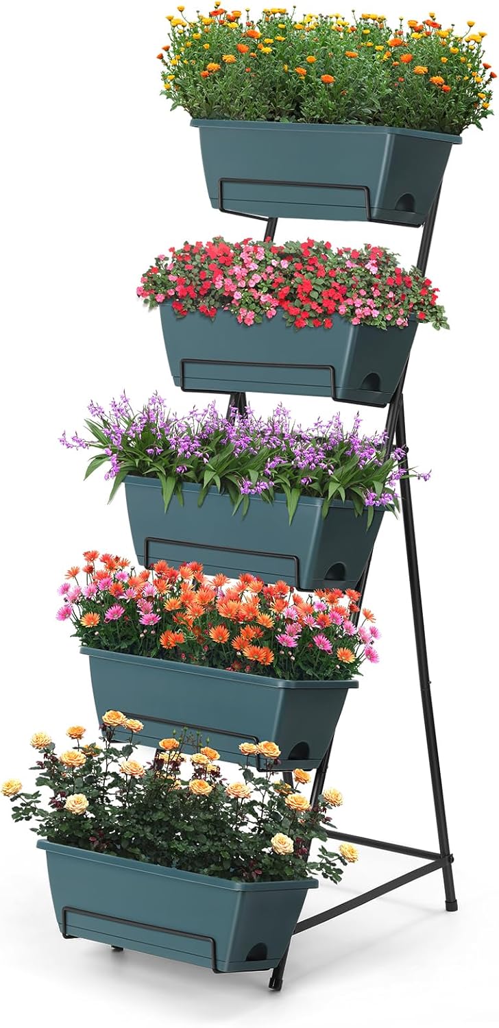 5 Tier Vertical Raised Garden Bed Planter Box, Vertical Raised Bed with Drainage Holes for Indoor Outdoor Herbs Flowers Vegetables Plants,Green