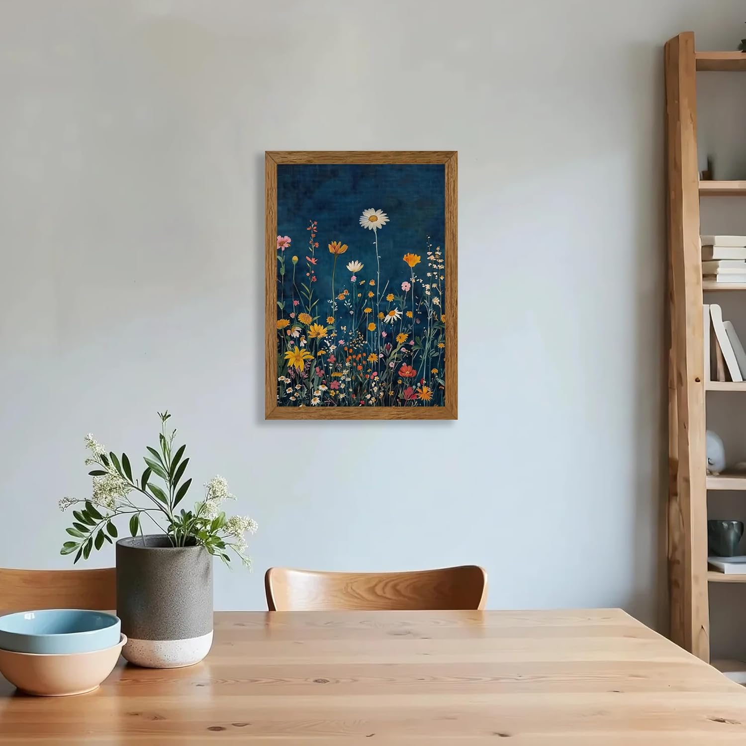 Wojuin Framed Dark Blue Botanical Floral Canvas Wall Art, Rustic Colorful Wildflower Artwork Wall Decor, Vibrant Vintage Flower Painting Prints for Living Room Bedroom Bathroom Office 16x24 in