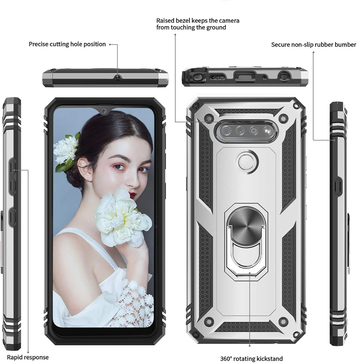 LeYi Compatible for LG K51 Case, LG Q51 Case with Tempered Glass Screen Protector [2 Pack], [Military Grade] Armor Defender Phone Case with Magnetic Car Mount Ring Kickstand for LG K51,Silver