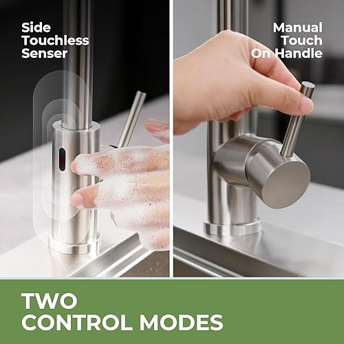 Miniatura 2 de VFAUOSIT - Grifo de cocina con cabezal rociador sin contacto, sensor de movimiento, manos libres, fregaderos de 1 orificio, de acero inoxidable,