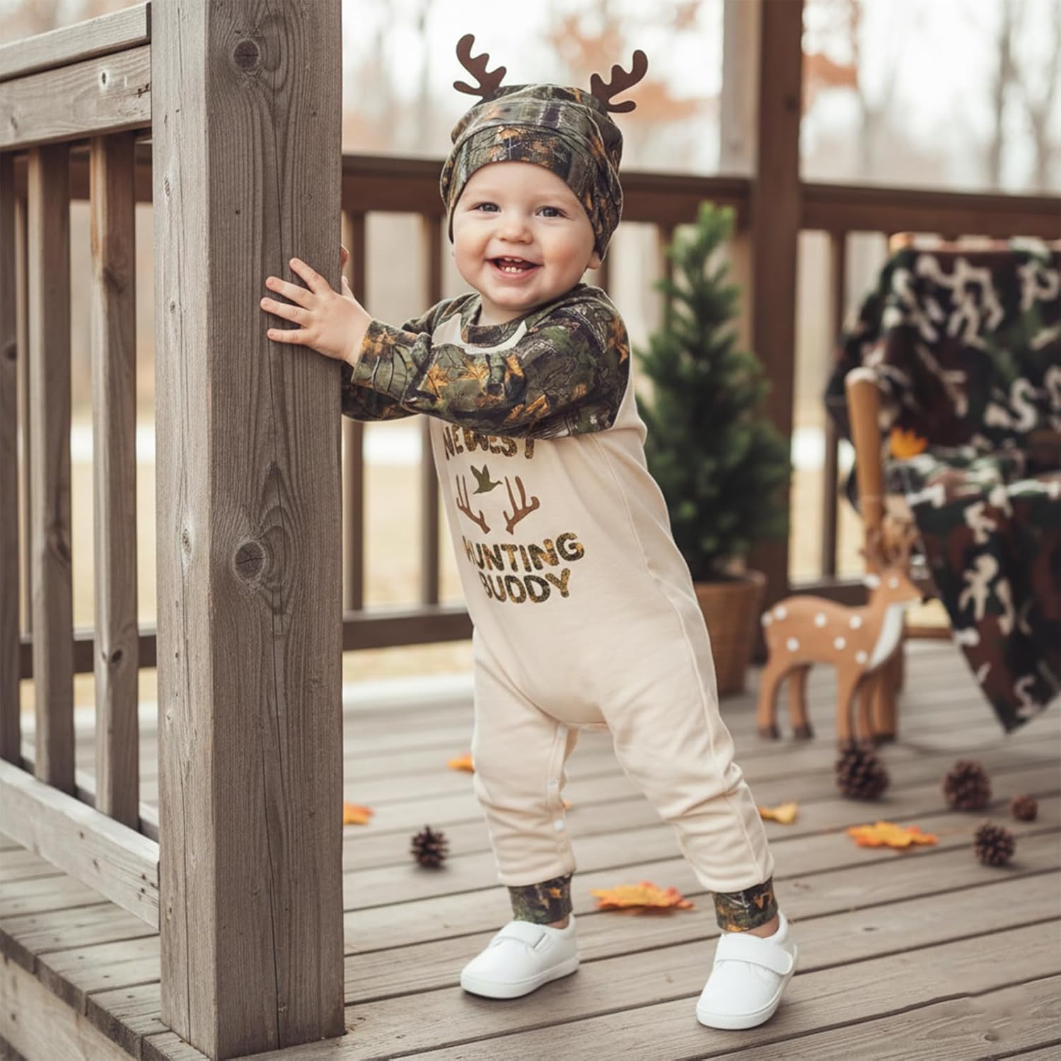 Newborn Baby Boy Spring Clothes Hunting Buddy Long Sleeve Romper Jumpsuit Hat Set Fall Outfit - Image 3