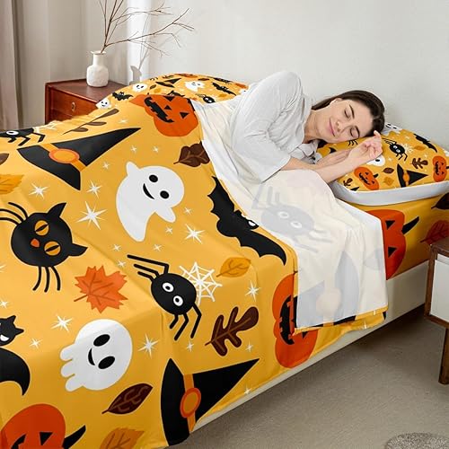 Miniatura 6 de Erosebridal Juego de sábanas de Halloween, juego de sábanas bajeras de calabaza de dibujos animados, farol, juego de ropa de cama de fantasma para