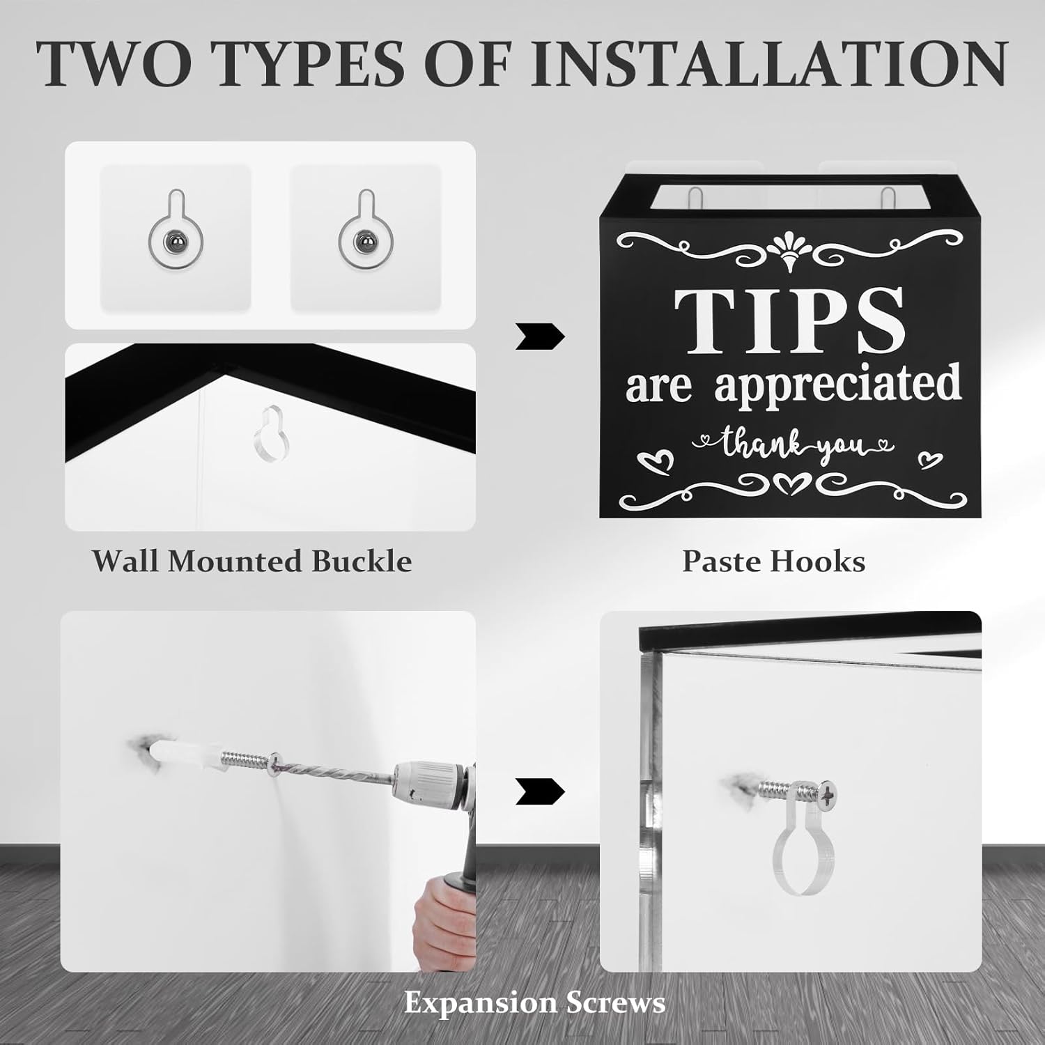 2 Pack Acrylic Tip Jar with 4 Paste Hooks 4 Expansion Screws Money Storage Container Suggestion Box Raffle Cash Bucket for Bartender Restaurants Bars Musicians, 6 x 4 x 5 Inch