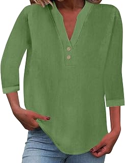 Camiseta de manga corta con cuello en V y manga corta para mujer, color liso