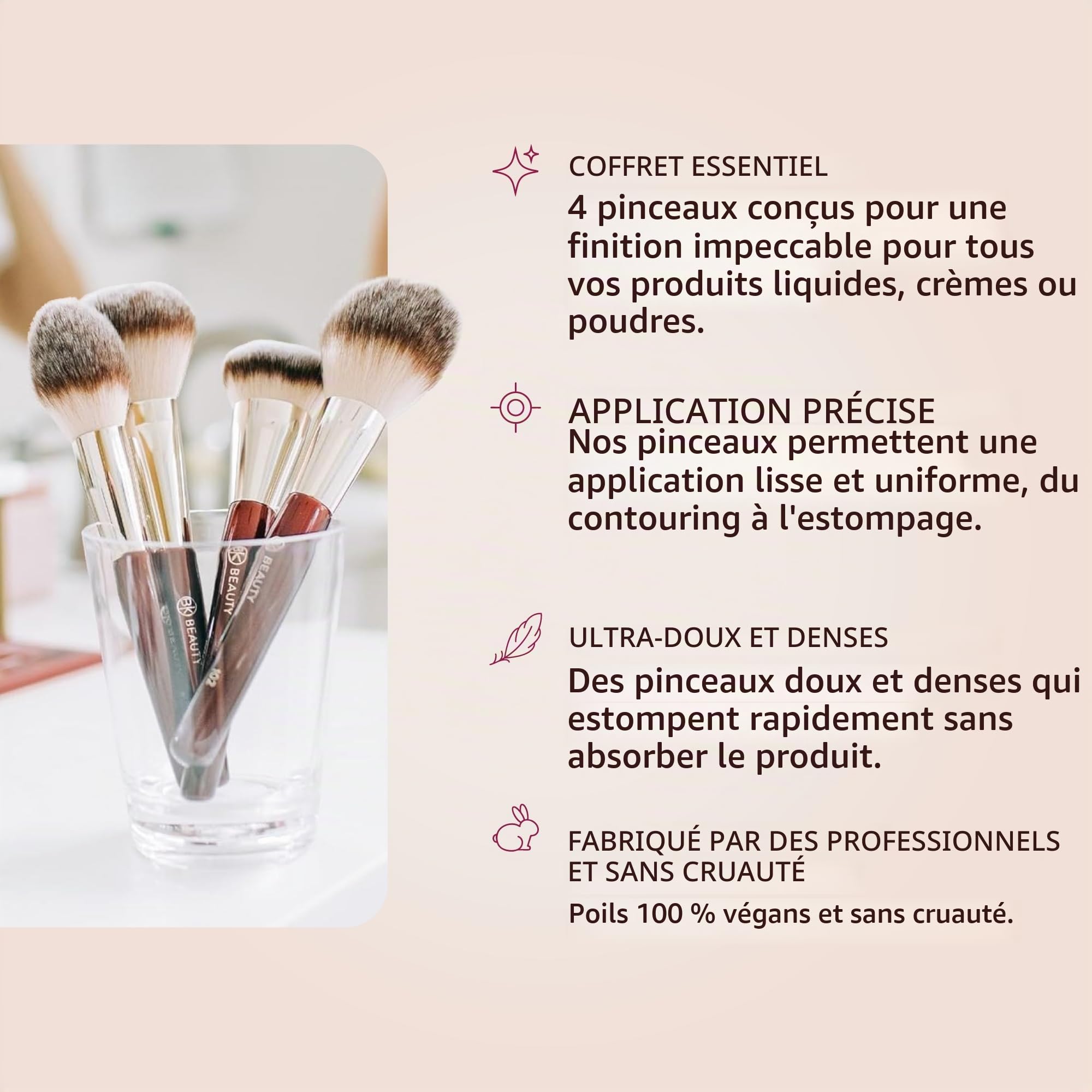 BK BEAUTY Essentials Lot de 4 pinceaux de maquillage pour le visage 100% sans cruauté envers les animaux, végétaliens, doux avec 4 pinceaux pour le visage