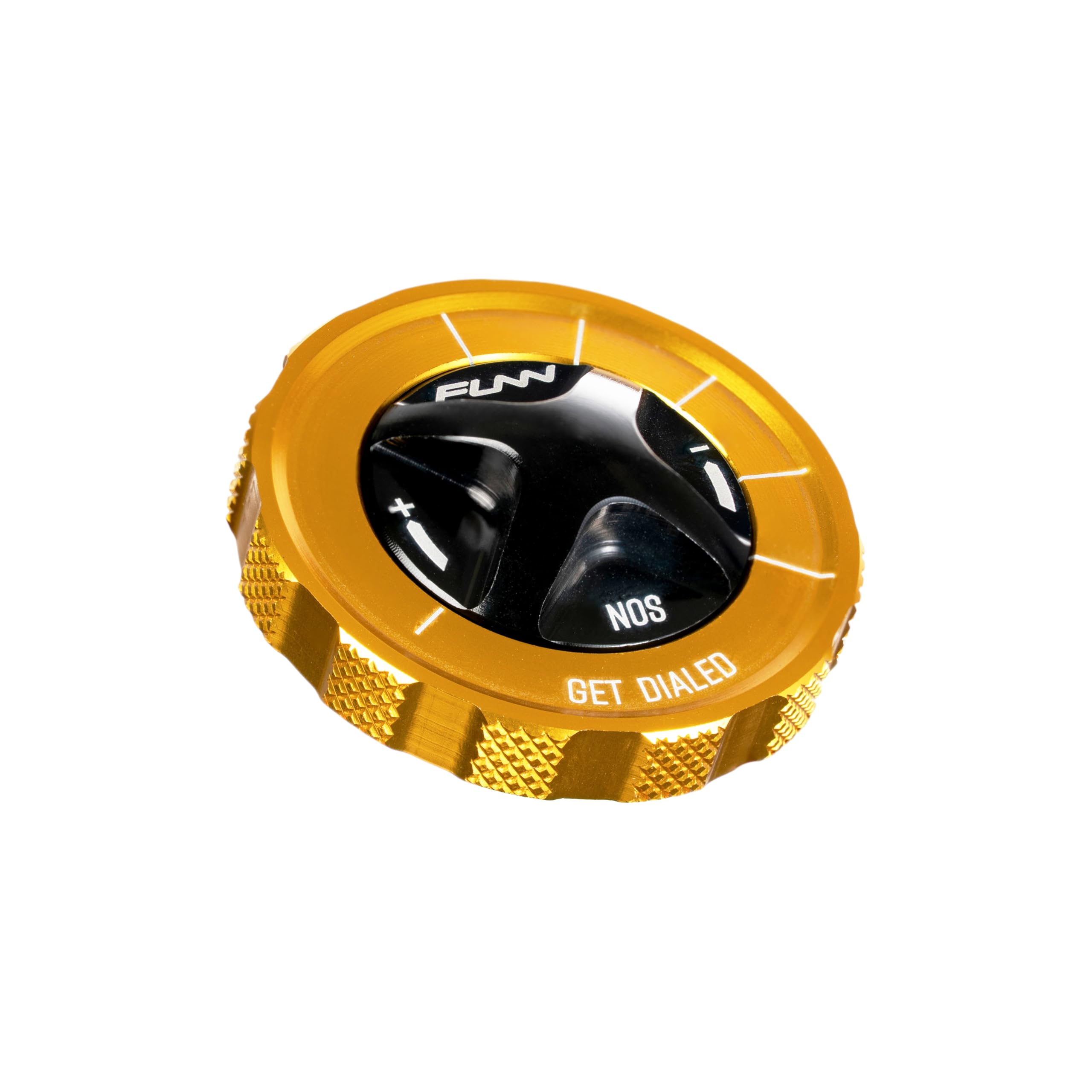 Funn NOS Air Fork Valve Cap for RockShox 35mm & 38mm Forks – Rotating MTB Valve Cap, CNC Aluminum Top Cap, Tactile Dial for Focus & Stress Relief, Lightweight Bike Accessory (RS Type, Gold)
