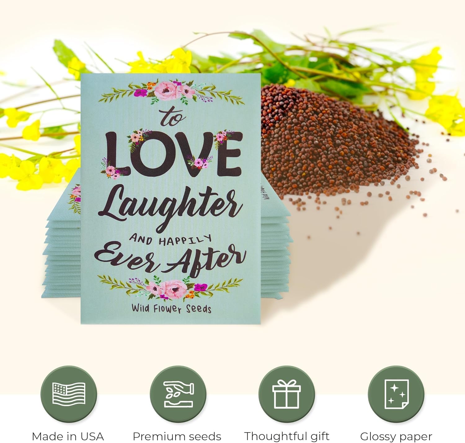 Pre-Filled Wildflower Seed Packet for Wedding Favor Baby Showers Bridal Shower - ''Love Laughter and Happily Ever After'' Party Favors for Guests - Plant Year-Round Seed Mix - Pack of 25