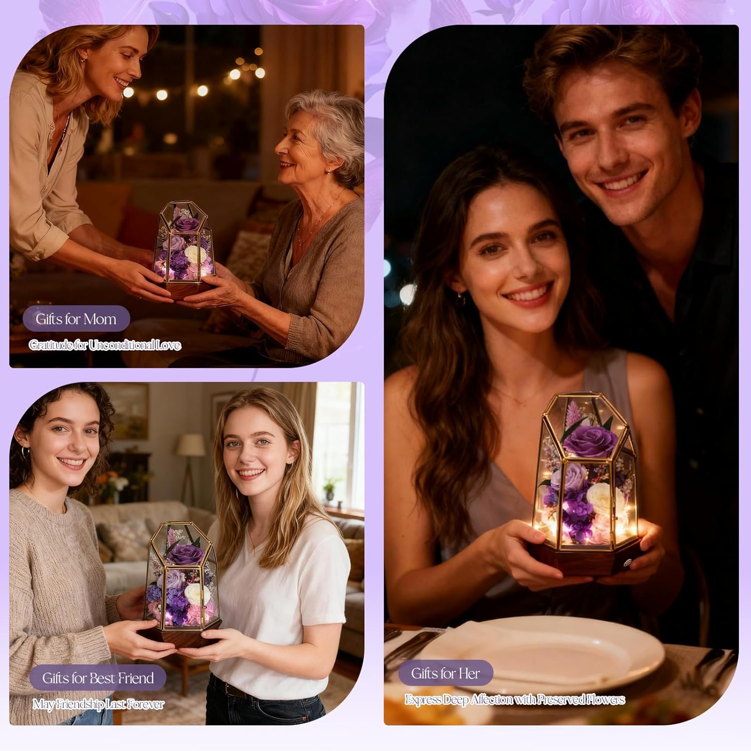 Valentines Day Flowers Gifts for Her,Forever Real Preserved Roses in Glass Dome,Valentines Roses Gifts for Wife Women Best Friend Girlfriend/Purple Rose - Image 6