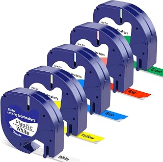 5 Pack Compatible with Dymo Letratag Refills Replacement for Dymo Label Maker Refills 12mm x 4m(1/2" x 13') Colored Plastic Label Tape for Letra Tag LT 100H 100T QX50 Handheld Label Maker Tape Refill