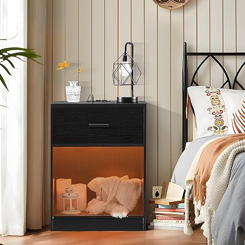 Miniatura 8 de Quimoo Juego de 2 mesitas de noche con estación de carga y luz LED, mesita de noche con 1 cajón, mesita de noche moderna con 1 espacio de