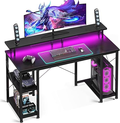 ODK Escritorio para juegos de 48 pulgadas con luces LED y tomas de corriente, escritorio para computadora con soporte para monitor y rejillas de