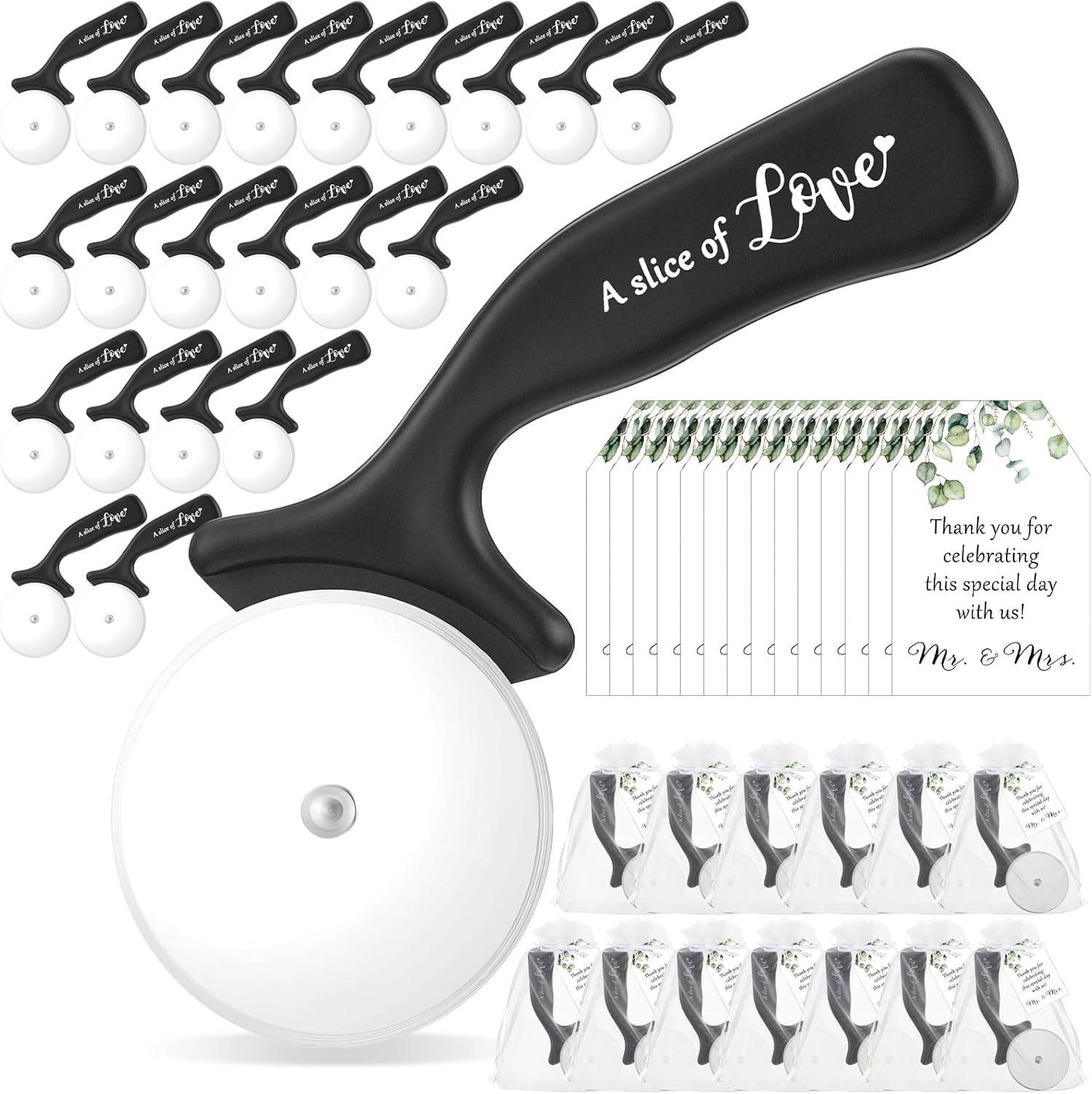 50 Set Wedding Party Favor for Guests Include a Slice of Love Stainless Steel Pizza Cutter Thank You Cards and Organza Gift Bags Pizza Cutter Wheels for Bridal Shower Return Gifts