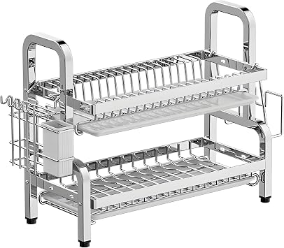 Kitchen Dish Drying Rack Dish Drying Rack Compact Kitchen Dish Rack Drainboard Set Large Rust-Proof Dish Drainer with Utensil Holder Large Dish Drying Rack2layer,43cm