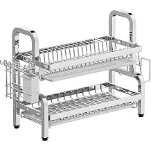 Kitchen Dish Drying Rack Dish Drying Rack Compact Kitchen Dish Rack Drainboard Set Large Rust-Proof Dish Drainer with Utensil Holder Large Dish Drying Rack2layer,43cm