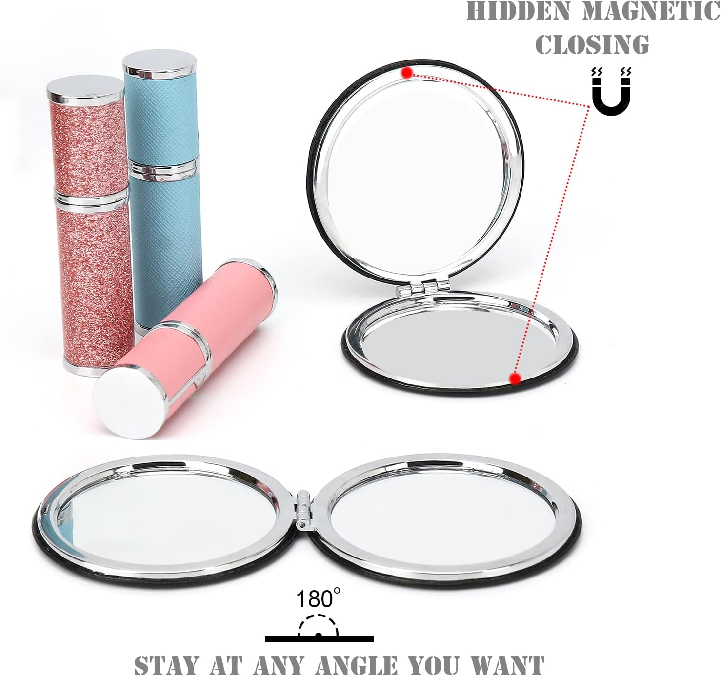 Compact Vanity Makeup Mirror for Men Women Girls, Black Elegant Round Travel Cosmetic Mirrors for Pocket Purse Wallet Handbag, Portable Small 1X/2X Magnifying Handheld Beauty Mirror