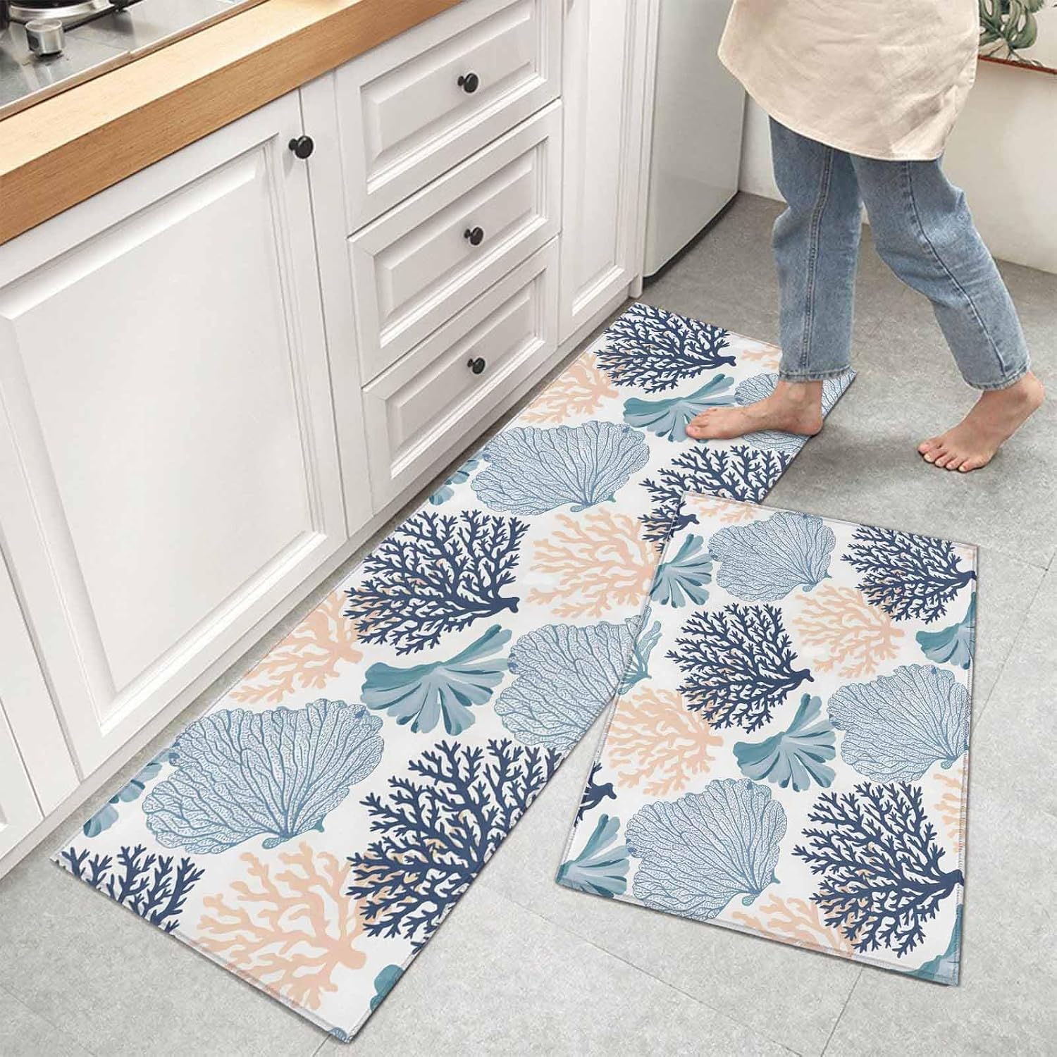 Kitchen Mats for Floor Abstract Modern Ocean Theme Washable Non Slip Kitchen Rugs 2PCS, Watercolor Marine Corals Absorbent Standing Mats for Sink Bathroom Office Living Room 15.7x23.6in+15.7x47.2in