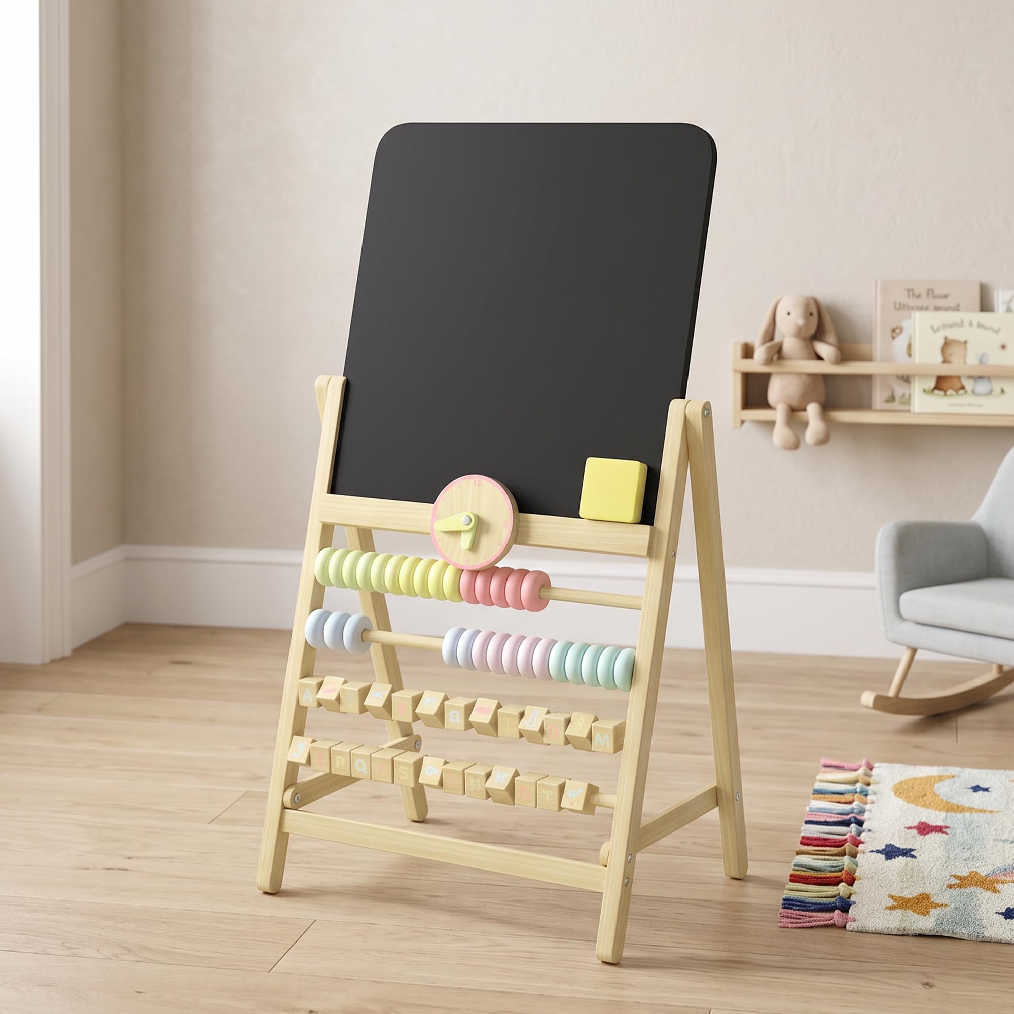 AIYAPLAY Lavagna per Bambini Doppia Facciata in Legno 2+ Anni Color Legno | Cancellabile, Lavagnetta Bambini in Legno con Cavalletto, Orologio Removibile, Abaco Integrato, Cancellino