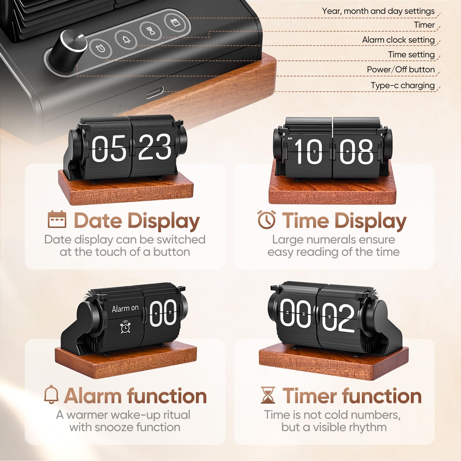 Flip Clock, Retro-Flip-Uhr, Neues USB C Wecker Digital, Große Zahl Mechanische Schreibtischuhr, Vintage-Tischuhr, Digital, Automatisches Drehen, Wecker Digital Funkuhr für Home Office