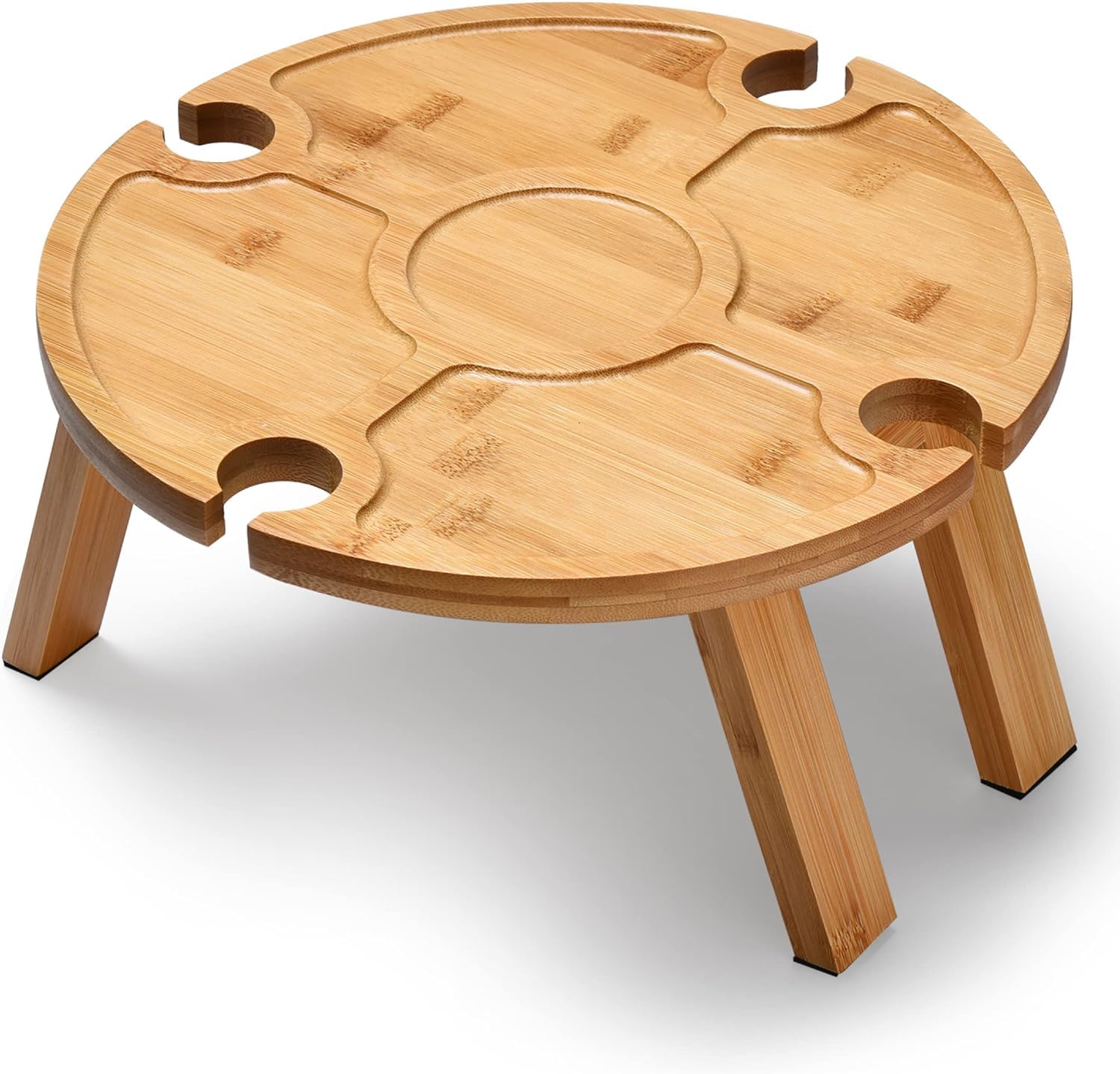 ErweicetRound Wooden Folding Picnic Table with Divider and Drink Holders Portable Outdoor Mini Wine Beach Table Suitable for Party, Camping, Potluck Fruit Cheese Snack Bed