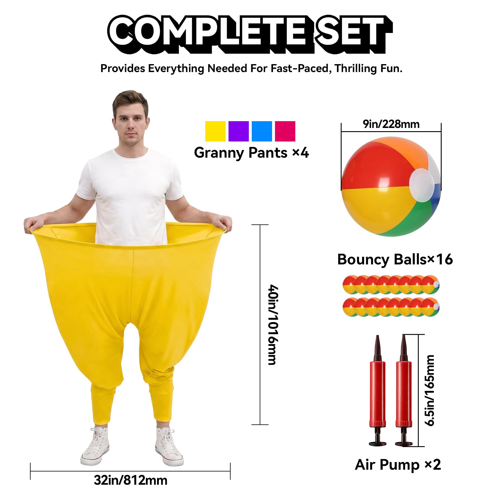 Granny Pants Partyspiel-Set für 8+ Spieler, 4-farbige Team-Hinterhof-Spiele mit 16 Hüpfbällen und 2 Pumpen – lustige Outdoor-Feldtag-Wurfspiele für Erwachsene, Kinder, Familientreffen, Grillparty