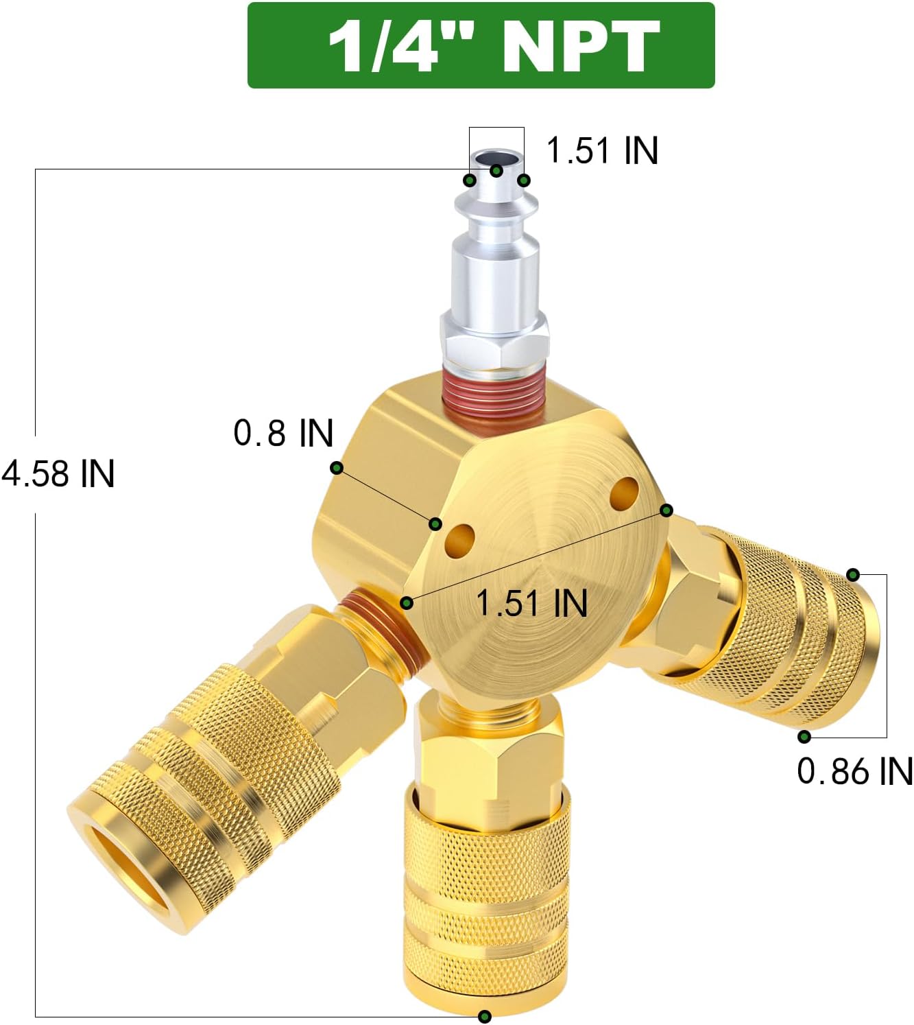 Taisher 3-Way 1/4 Inch NPT Hex Style Air Manifold with 3 Pieces Brass Industrial Coupler and Plug, Air Compressor Hose Accessories Quick Connect Fittings Air Splitter