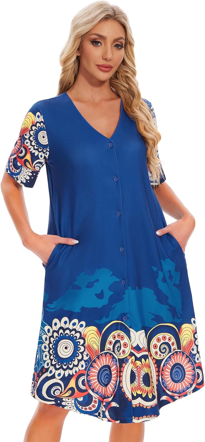 Moo Moos Nightgowns for Women with Pockets Button Down Sleepshirt Short Sleeve House Dress Floral Print Mumu Dresses - Image 3