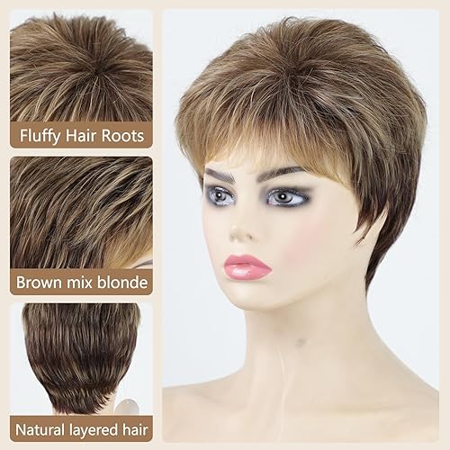 Miniatura 10 de TISHINING Pelucas cortas de corte Pixie marrón para mujeres blancas, mezcla de marrón, rubio, peluca ondulada en capas con flequillo, peluca
