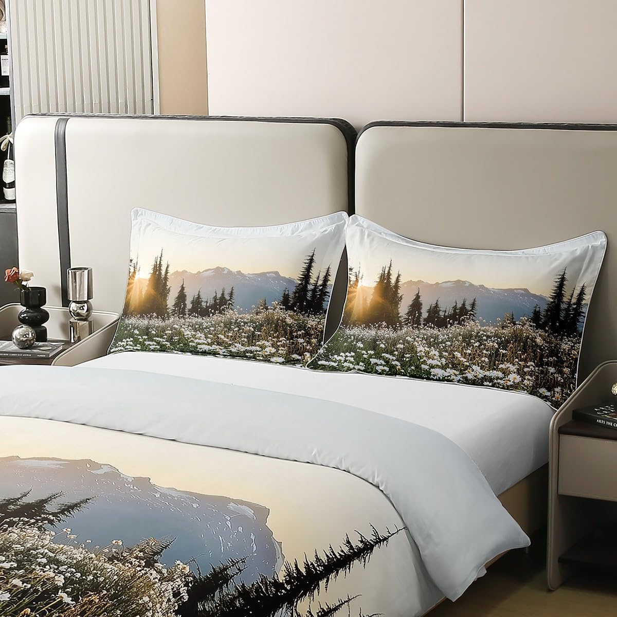 Daisy Flower 100% Organic Cotton Duvet Cover Queen Sunrise Natural Scenery Bedding Set Woodland Tree Mountain Comforter Cover Floral Wild Botanical Bed Sets with 2 Pillowcases Soft,No Comforter