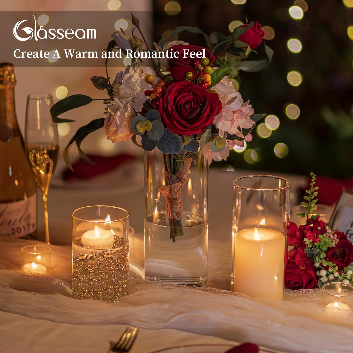 Glasseam Hurricane Glass Candle Holders: 3 Pcs Clear Cylinder Vases for Centerpieces Large Pillar Candle Holder for Floating Candles Modern Home Decor Wedding Table 5.3'' 7.3'' 9.5'' Height - Image 4