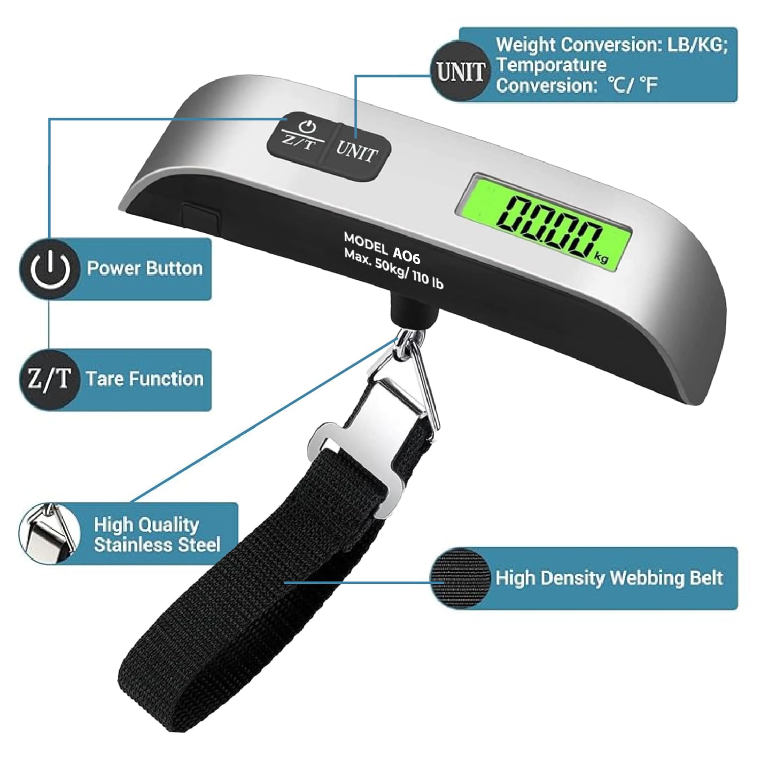 Luggage Scale, Digital Portable Handheld Suitcase, Travel Hanging Baggage with Backlit LCD Display, 50kg/110Pounds 3