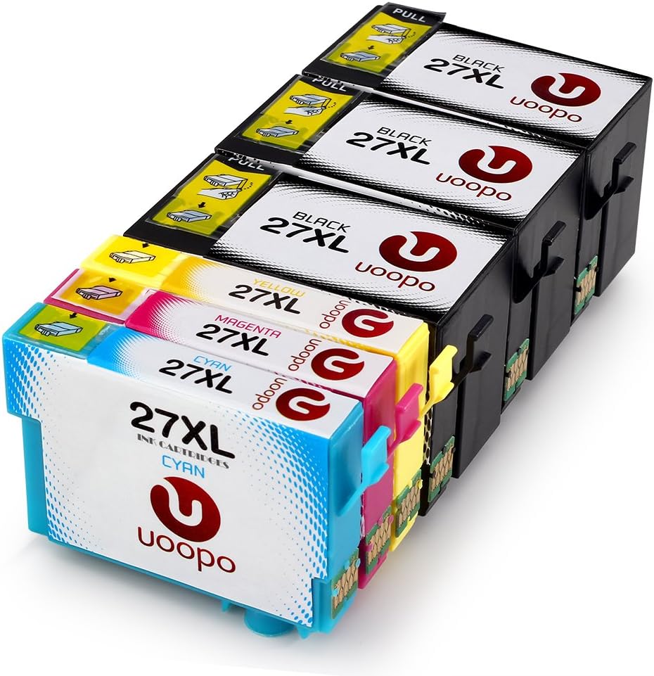 Uoopo 27XL 6 Pack Compatible Ink Cartridges Replacement for Epson 27 27XL Work for Epson Workforce WF-7610DWF WF-3620DWF WF-3640DTWF WF-7110DTW WF-7620DTWF Printer. (3 Black 1 Cyan 1 Magenta 1 Yellow)