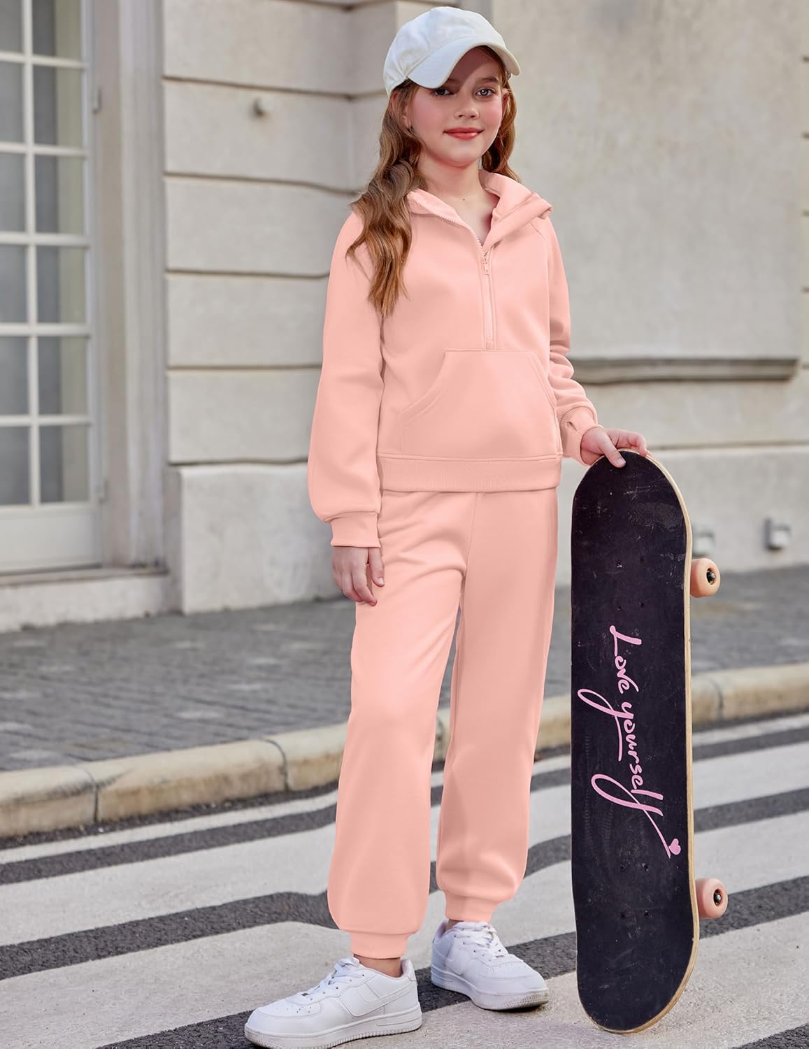 Arshiner Girls 2 Piece Outfits Tracksuit Drop Shoulder Hoodie Half Zip Sweatshirt and Sweatpants Joggers Set with Pockets - Image 4