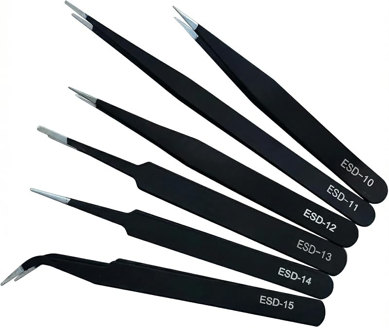 6-Piece Precision Tweezers Set, ESD Tools for Electronics Repair and Crafts | Stainless Steel Precision Tweezers With Varied Tip Styles for Electronics Repair, Jewelry, Crafts, Models and Small Parts.