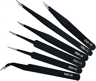 Precision Tweezers Set, 6 Piece ESD Anti Static Stainless Steel Tweezers for Repair, Soldering, Jewelry Making, Craft, Laboratory, Fine Tip Tweezers for PCB, Phone, Watch, Small Parts
