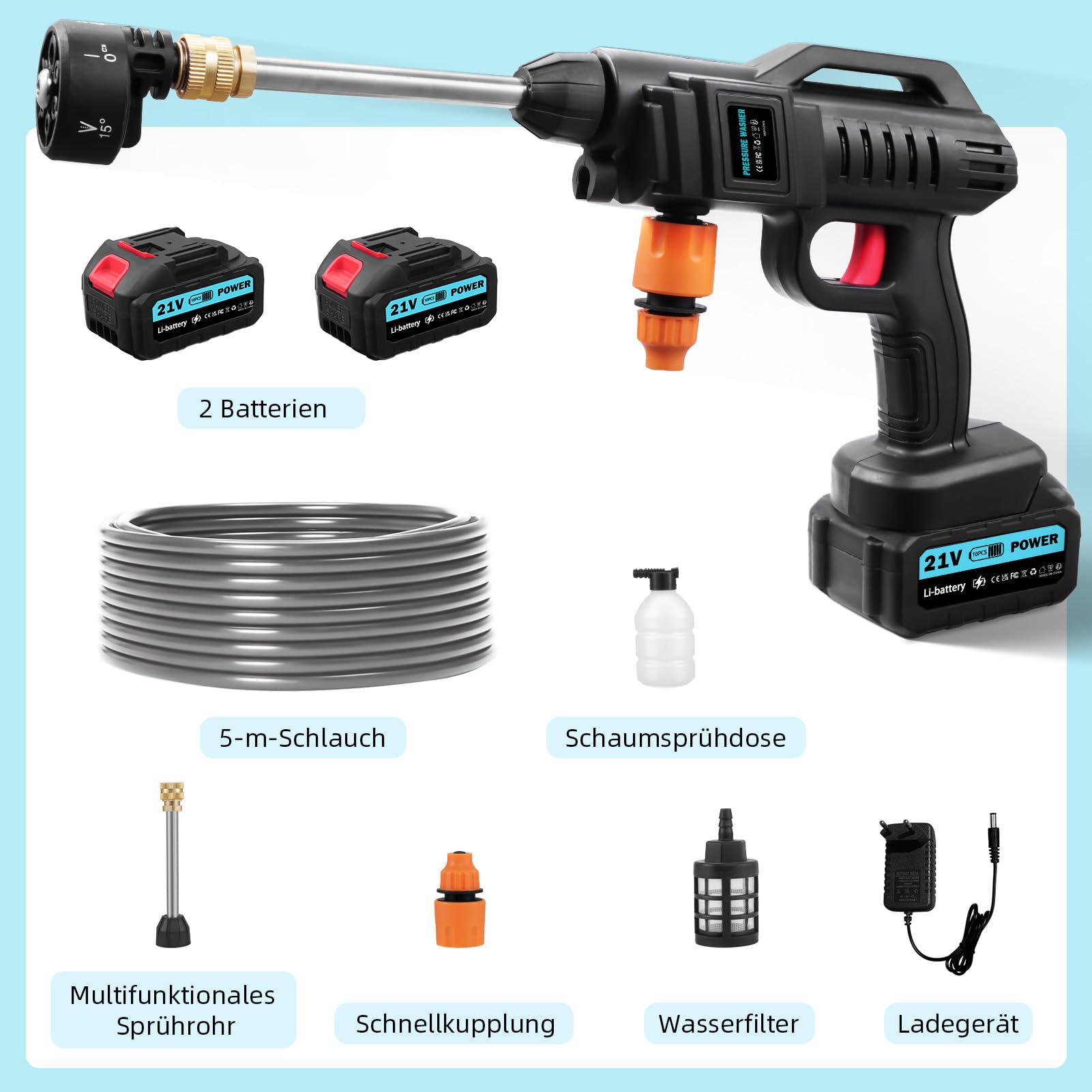 Hidrolimpiadora Inalámbrica,62Bar Hidrolimpiadora de Alta Presión,Portátil Pistola de Agua a Presión con 2×3.0Ah Baterías,Boquilla 6 en 1,Manguera 5m,Pistola para Coche Cerca Piso Limpieza Riego