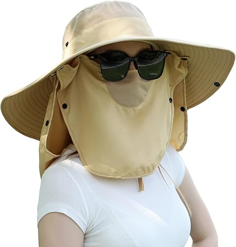 Vista 84 de Women Wide Brim Face Mask Sun Hat Detachable Neck Face Flap Ponytail UV Protection Visor Hat Garden Fishing Hiking