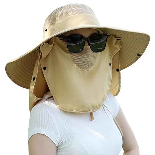 Women Wide Brim Face Mask Sun Hat Detachable Neck Face Flap Ponytail UV Protection Visor Hat Garden Fishing Hiking