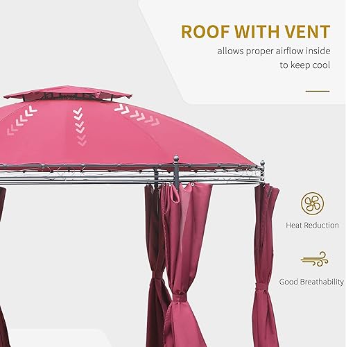 Miniatura 3 de Outsunny Toldo de acero para patio al aire libre de 11.5 pies con doble techo, diseño redondo romántico y cortinas laterales incluidas, color rojo