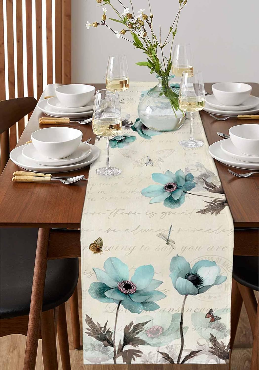 Seven Roses Spring Floral Table Runner 72 Inches Long Farmhouse Dress Scarves, Teal Tulip Vintage Summer Flower Botanical Dining Tablerunner for Coffee Table/Kitchen Island/Party Décor, 18" x 72"