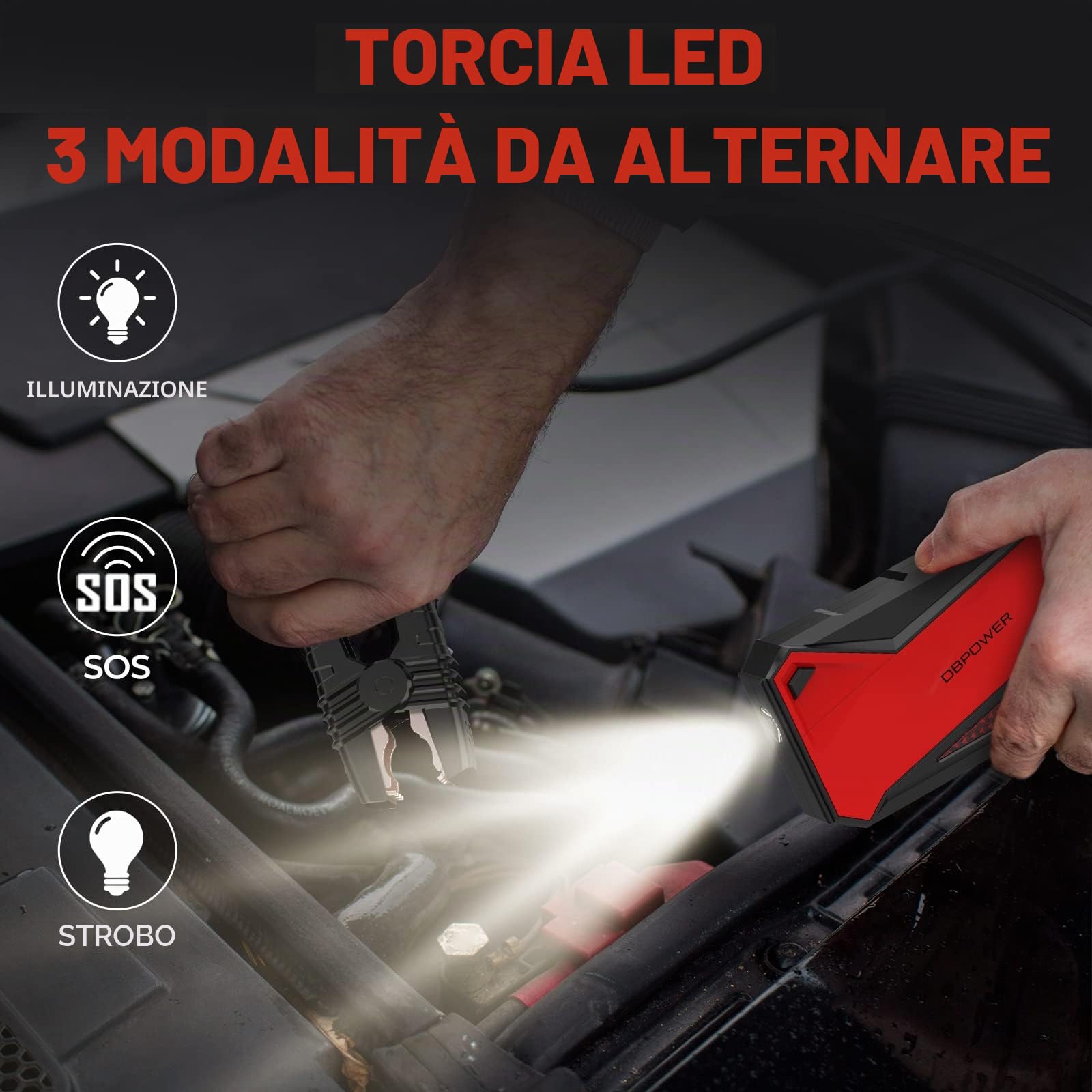 DBPOWER Avviatore di emergenza portatile per auto con picco 1600 A (fino a 7,2 l a gas e motori diesel da 5,5 l), batteria da 12 V con morsetti di avviamento intelligenti, bussola, torcia a LED e