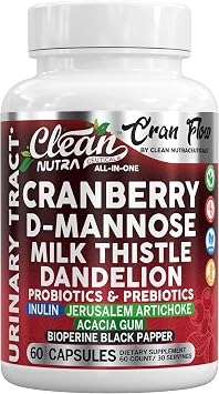 Cran Flow Cranberry Pills for Urinary Health D-Mannose Milk Thistle Dandelion Inulin Vitamin C Prebiotics and Probiotics Bladder Support By Clean Nutra