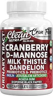 Cran Flow Cranberry Pills for Urinary Health D-Mannose Milk Thistle Dandelion Inulin Vitamin C Prebiotics and Probiotics Bladder Support by Clean Nutra