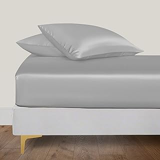 LINENWALAS Double Fitted Sheet, 100% Organic Bamboo Silk Flat Sheet with Up to 40 cm Deep Pocket, Soft, Cool Hypoallergenic Bedding (140 x 190 cm, Light Grey)