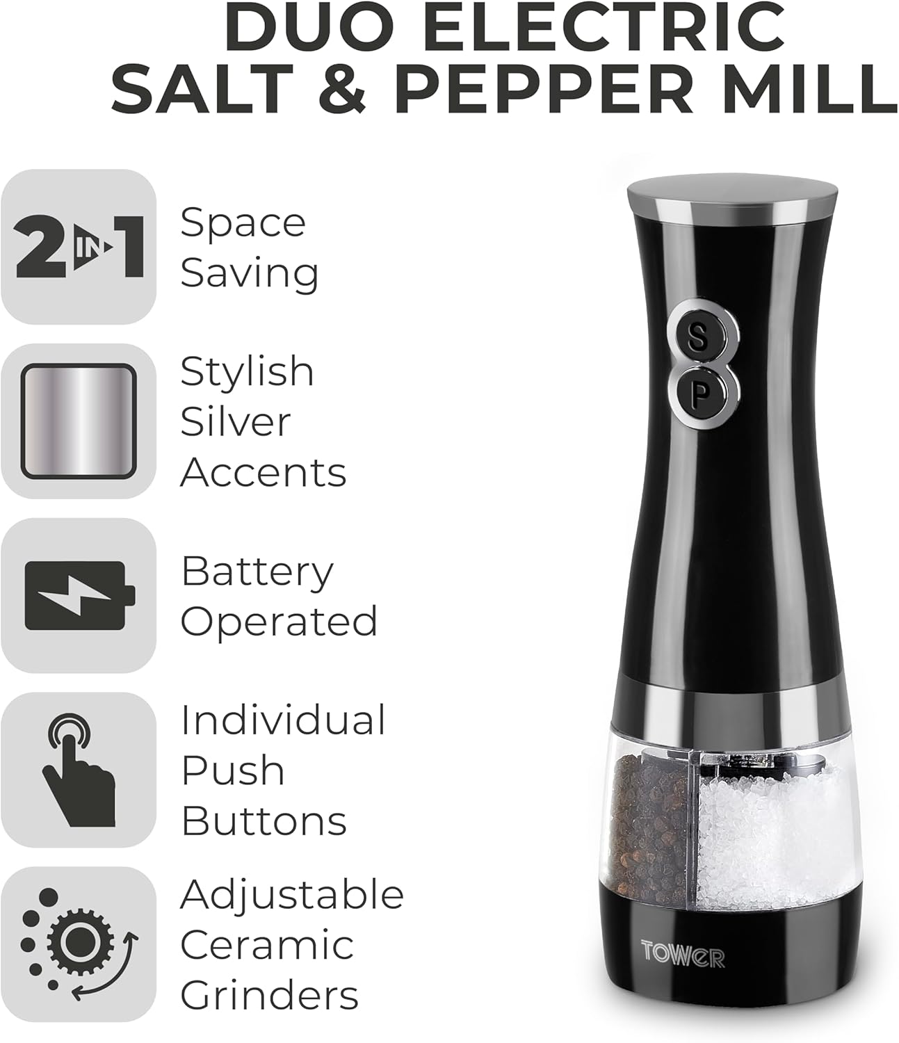 Features of TOWER Duo Electric Salt/Pepper Mill