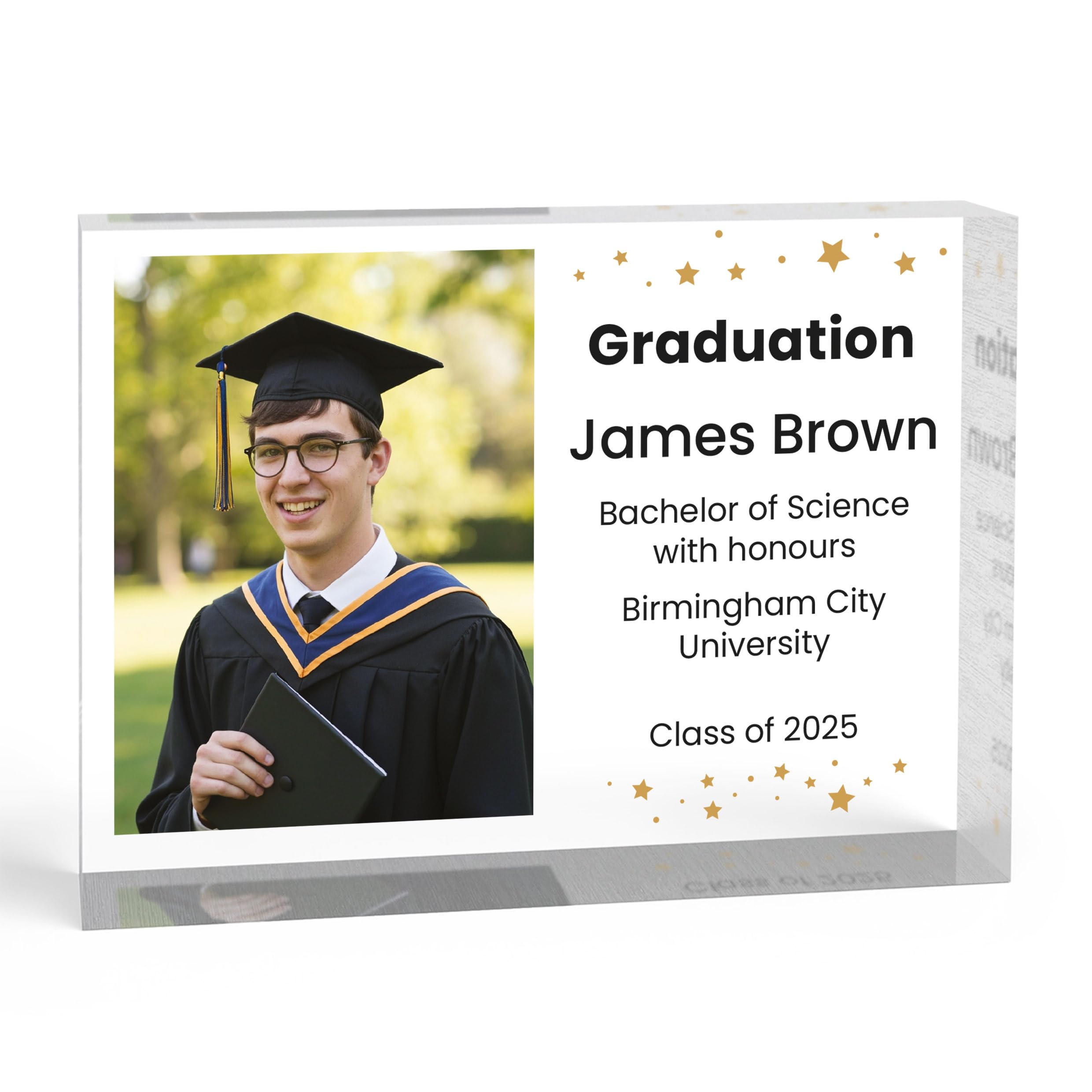 Beecreative Personalised Graduation Gifts For Him - Custom Photo Clear Acrylic Block - Son Graduation Photo Frame Present - With White Gift Bag