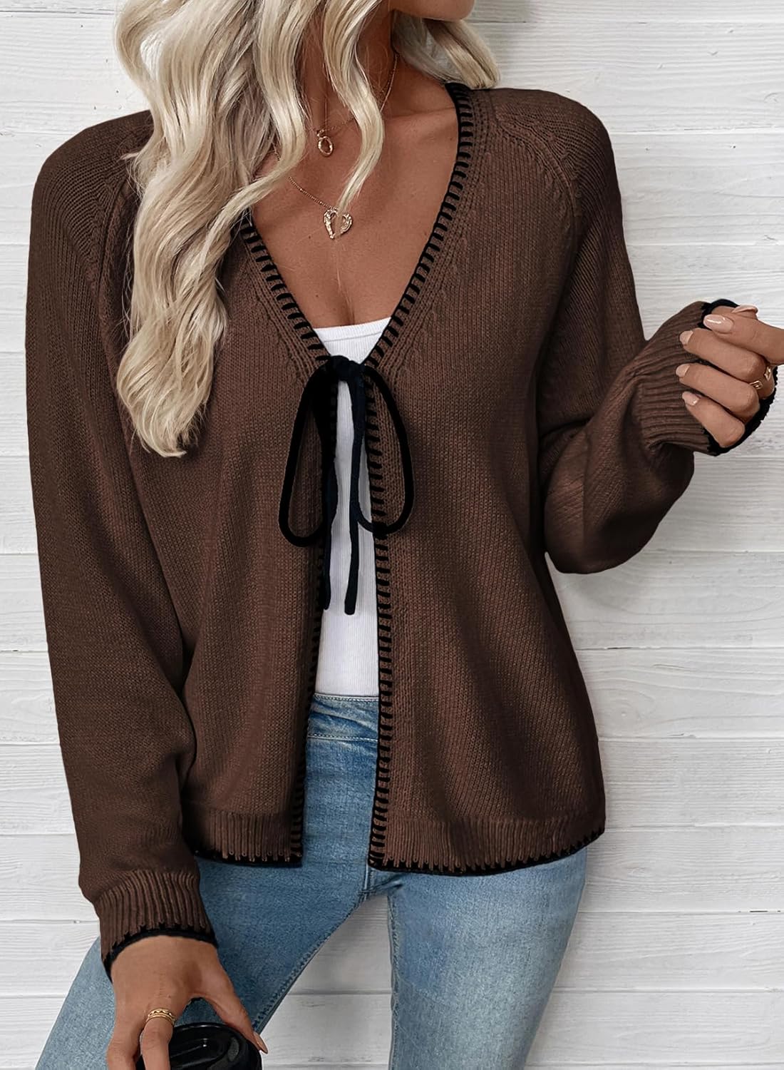 EVALESS Womens Cardigan Sweaters Trendy V Neck Long Sleeve Open Front Bow Tie Knit Chunky Lightweight Fall Outerwear - Image 2