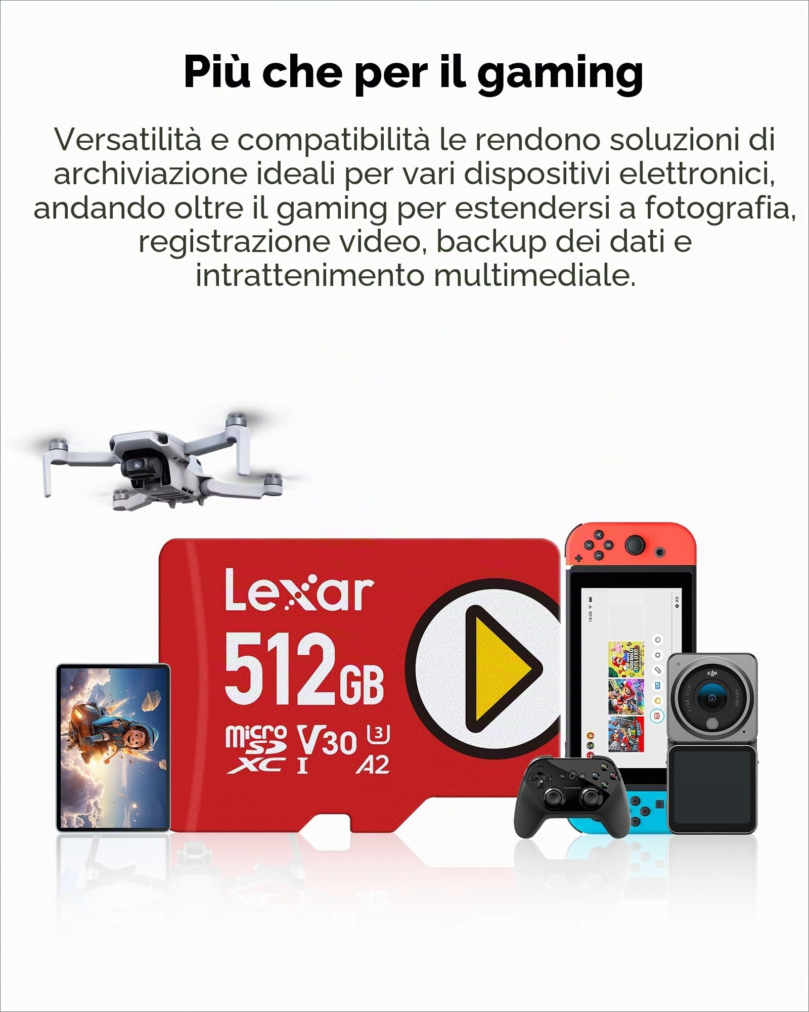 Lexar Play Scheda Micro SD 512GB, microSDXC UHS-I, fino a 205 MB/s lettura, 140 MB/s scrittura, C10, U3, V30, A2, video 4K, scheda ad alta velocità per Switch/dispositivi di giocoportatili/smartphone