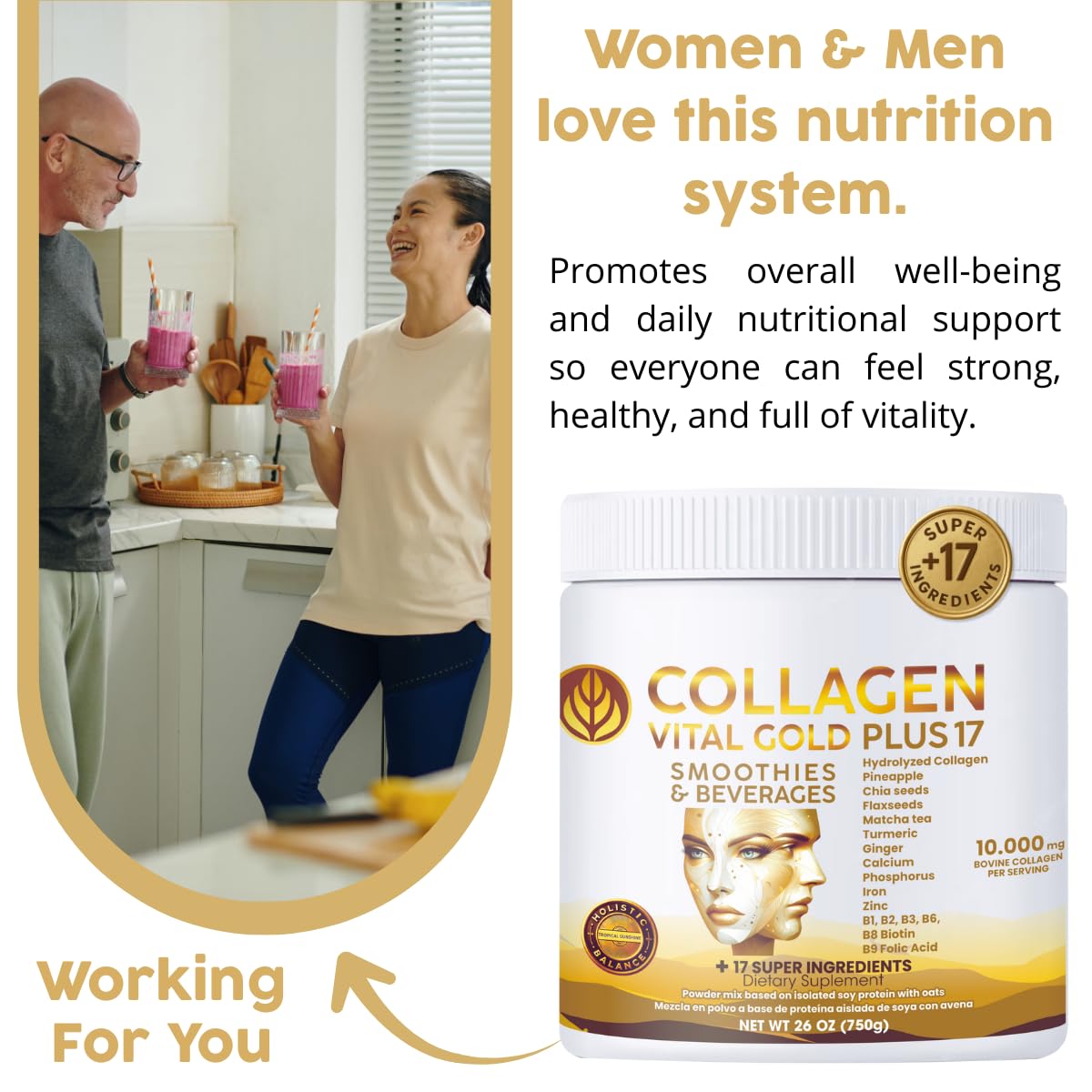 Vital Life, Collagen Peptides Powder +17 Super Ingredients, 1.6 lb, Pineapple Flavor, Supports Hair, Skin, Nails, Bones, Joints & Digestive Health, Collagen for Women & Men.