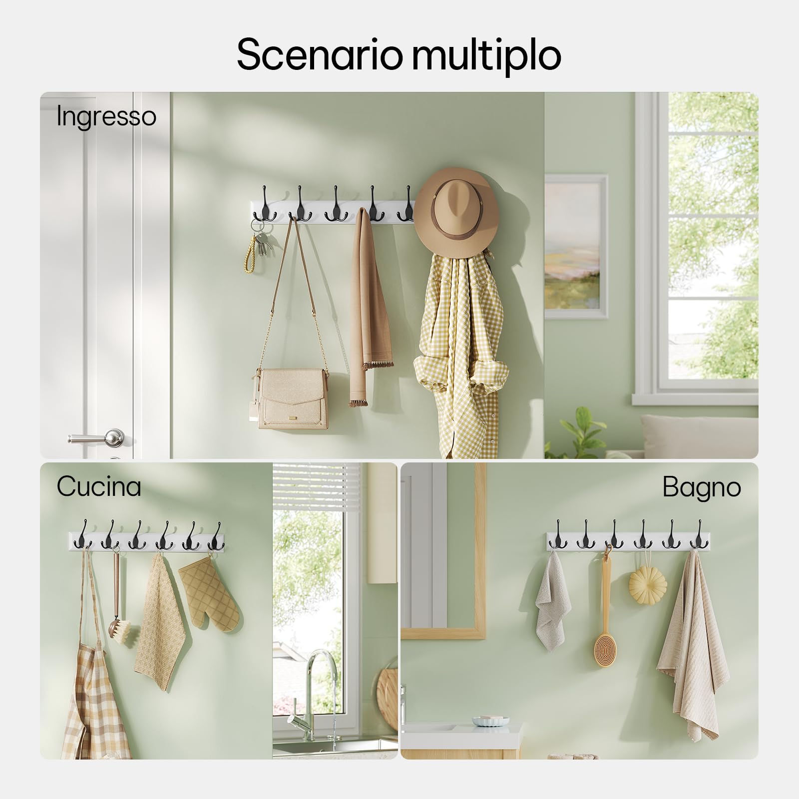eSituro 2 Attaccapanni da Muro, 6 Appendi da Muro, Appendiabiti da Parete per Giacche, Cappotti, Chiavi, Borse, in Ingresso, Corridoio, Camera da Letto, in Legno e Metallo, Bianco e Nero
